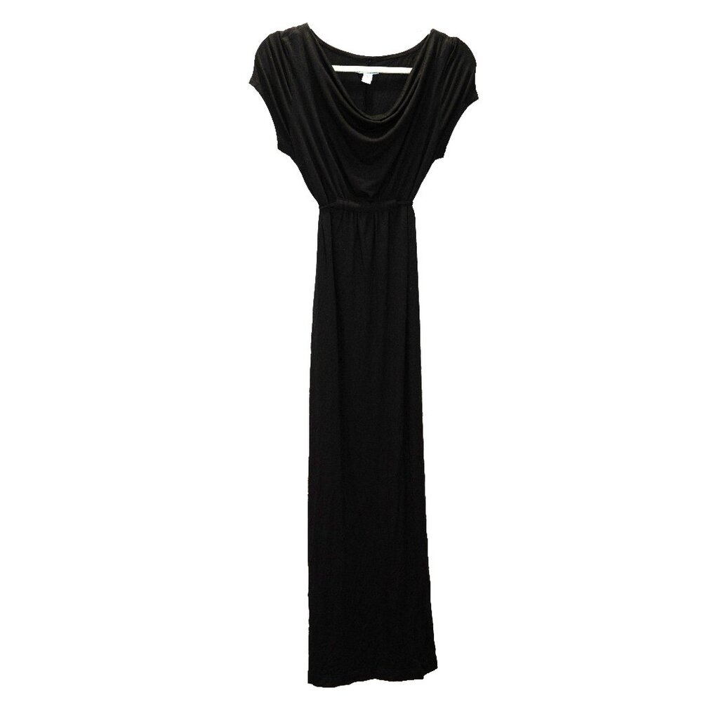 Long black maternity dress, cowl neck, cap sleeves, medium